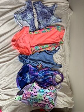 Mixed Girls' One-Piece Swimsuit Set - Bright Coral, Blue, Purple, Multicolor